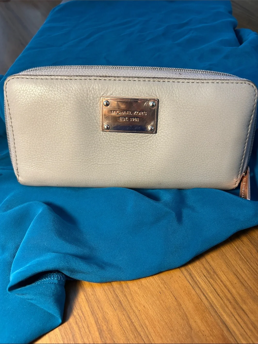 Michael Kors Cream Pebbled Leather Zip-Around Wallet with Gold Plate